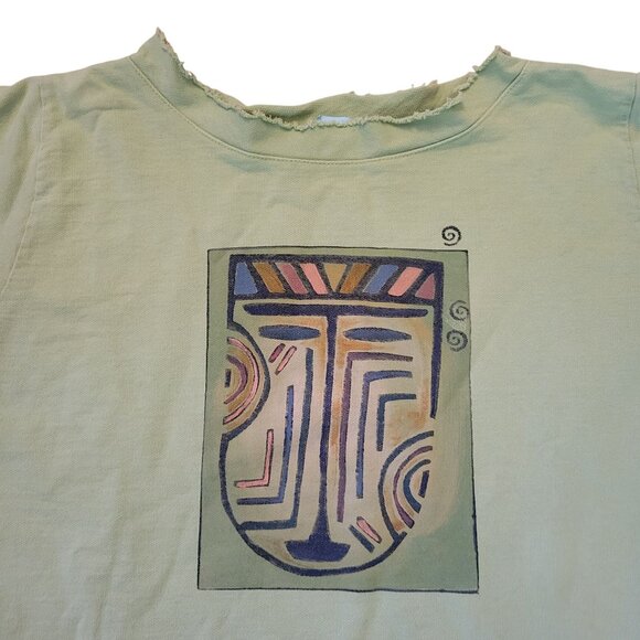 Cow Lizard Green Cotton Tunic Top Abstract Print Asymmetrical Hem M Clothes Ment - Picture 2 of 8